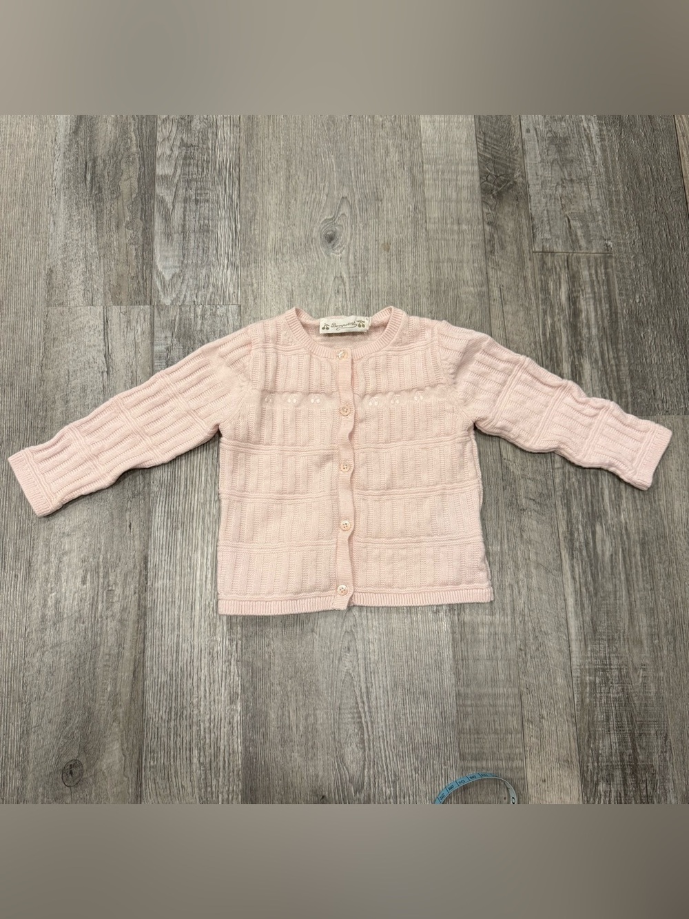 Bonpoint Pale Pink Knit Cardigan with Cherries - 12months